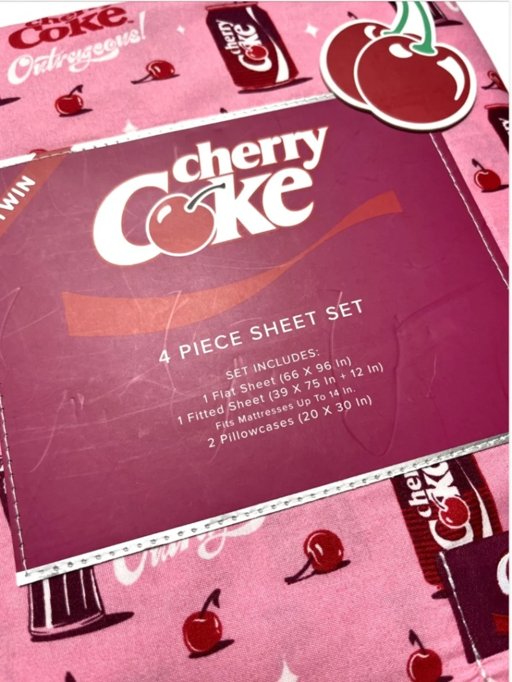 Cherry Coke Twin Sheet Set 4pc Pink Cherries Coca-Cola Bedding Polyester New